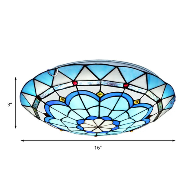 Baroque Bowl Flush Mount Stained Glass Ceiling Light In Blue/Blue-Brown - 12/16/19.5 Wide