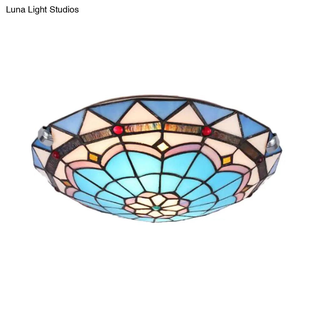 Baroque Bowl Flush Mount Stained Glass Ceiling Light In Blue/Blue - Brown - 12’/16’/19.5’ Wide