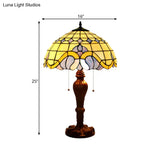 Baroque Bowl Pull-Chain Table Light - 2-Bulb Stained Art Glass Nightstand Lamp In Coffee