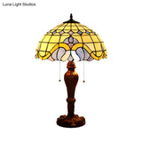 Baroque Bowl Pull-Chain Table Light - 2-Bulb Stained Art Glass Nightstand Lamp In Coffee