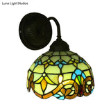 Baroque Bowl Sconce Light Fixture - Yellow/Blue Glass Wall Mounted With Flower Pattern