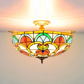 Baroque Brass Jewel Ceiling Lamp - 5 Multicolored Stained Glass Bulbs (21.5’/25.5’) Semi Flush
