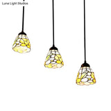 Baroque Cone Pendant Light Kit - Beige Stained Glass 3 Heads Living Room Hanging