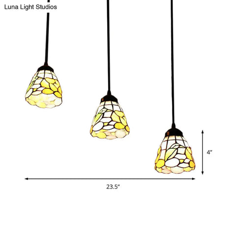 Baroque Cone Pendant Light Kit - Beige Stained Glass 3 Heads Living Room Hanging