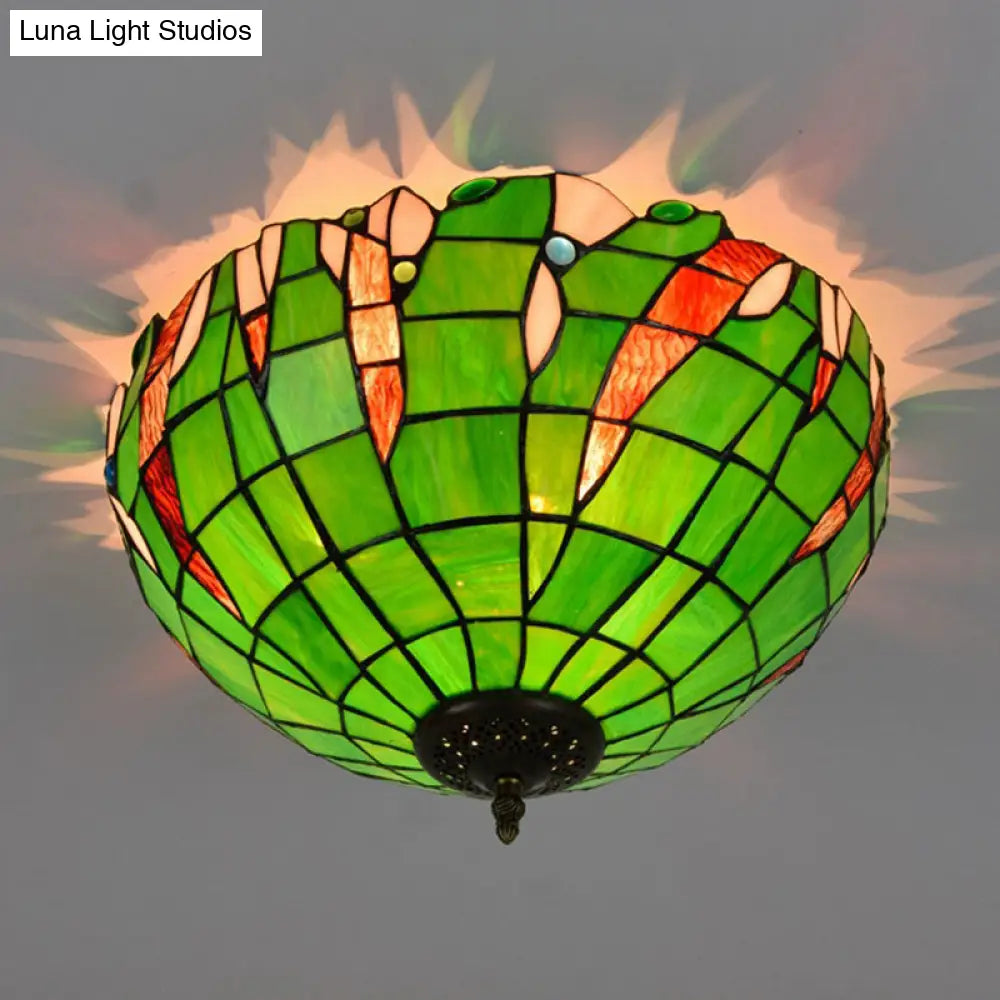 Baroque Cut Glass Domed Flush Mount Lighting Fixture With 3 Green Lights For Corridor