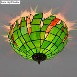 Baroque Cut Glass Domed Flush Mount Lighting Fixture With 3 Green Lights For Corridor