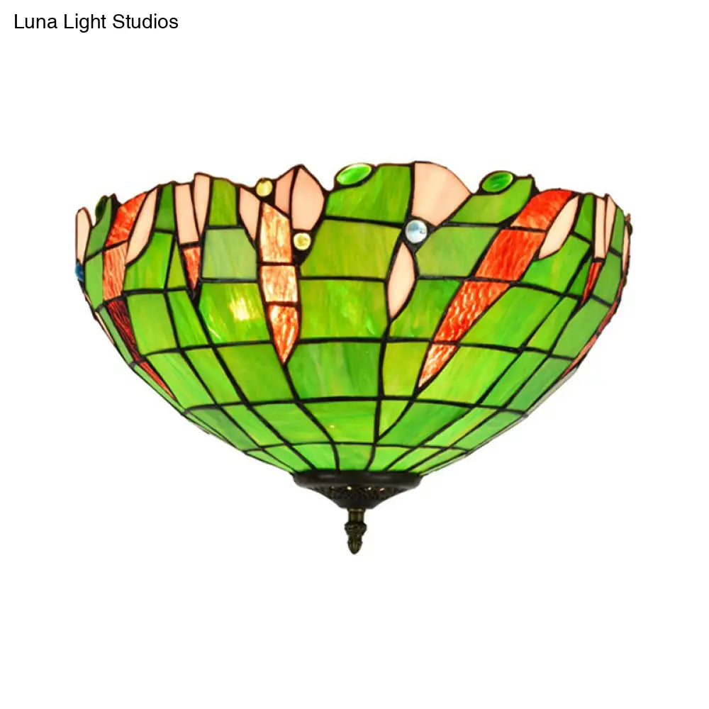 Baroque Cut Glass Domed Flush Mount Lighting Fixture With 3 Green Lights For Corridor