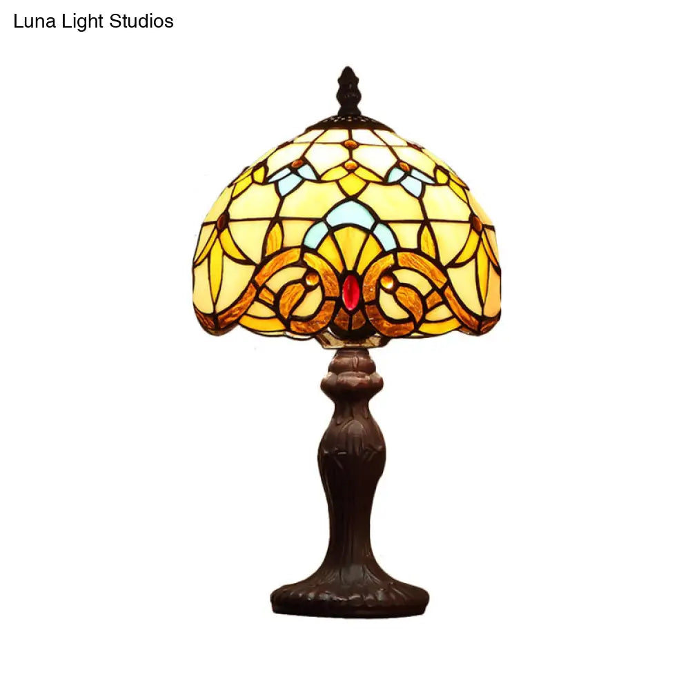 Baroque Dark Coffee Domed Table Lamp With Spikelet-Pattern Stained Glass