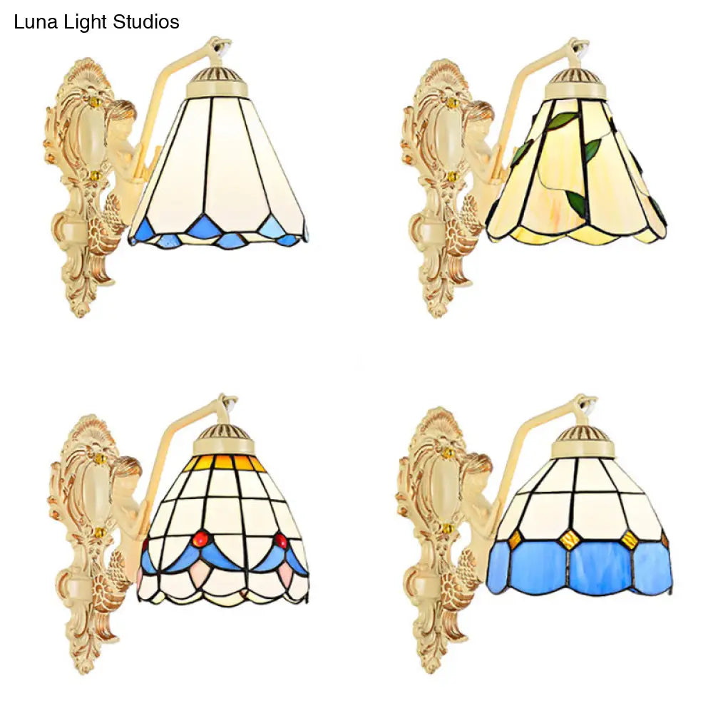 Baroque Dome/Cone Beige Glass Wall Sconce - Elegant Leaf/Gem/Flower Pattern 1-Light Mount Light