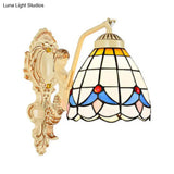 Baroque Dome/Cone Beige Glass Wall Sconce - Elegant Leaf/Gem/Flower Pattern 1-Light Mount Light