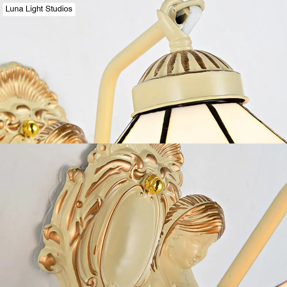 Baroque Dome/Cone Beige Glass Wall Sconce - Elegant Leaf/Gem/Flower Pattern 1-Light Mount Light