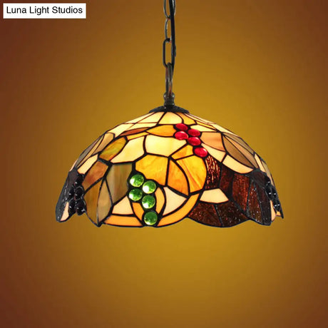 Baroque Glass Bowl Pendant Light With Grape Pattern - Brown Hand-Cut 1 Bulb Ceiling Hanging