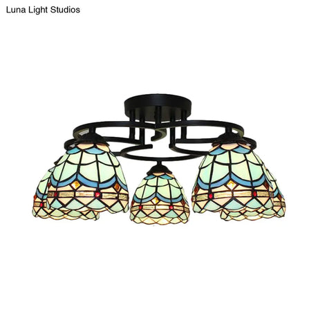 Baroque Glass Grid Pattern Semi Flush Light Fixture - 5 Lights Blue/Light Blue Black Ceiling Mount
