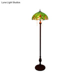 Baroque Green Pull Chain Standing Lamp With Stained Glass Shade - 3-Bulb Living Room Floor Light