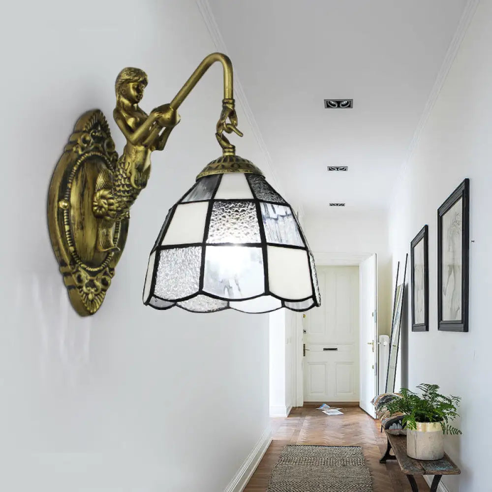 Baroque Grid Patterned Sconce Lighting - White/Blue Glass Wall Mounted Light Fixture For Hallway