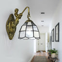 Baroque Grid Patterned Sconce Lighting - White/Blue Glass Wall Mounted Light Fixture For Hallway
