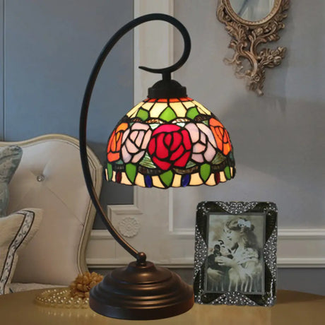 Baroque Red/Pink/Brown Cut Glass Domed Table Lamp With Curvy Arm Blue