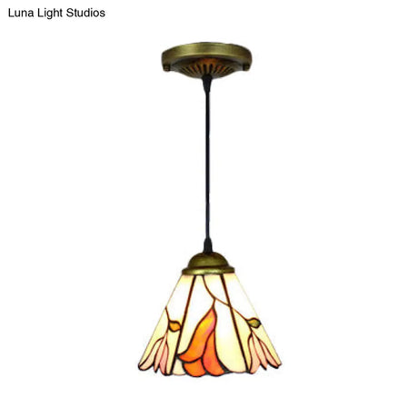 Baroque Stained Glass Pendant Light In Orange Pink For Dining Room