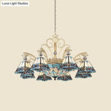 Baroque Stained Glass Pyramid Chandelier with 11 Blue Lights Elegant Ceiling Suspension Lamp Blue
