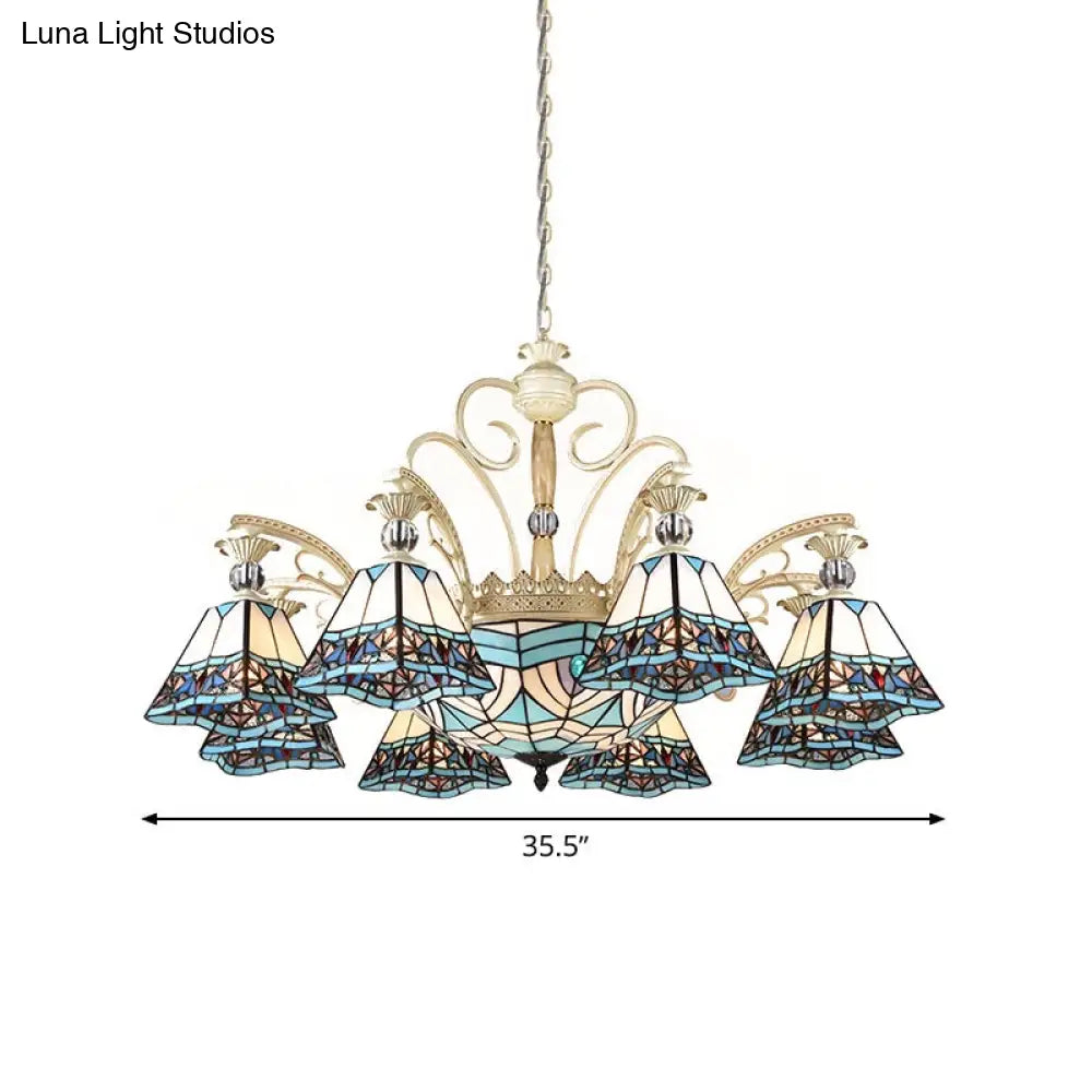 Baroque Stained Glass Pyramid Chandelier with 11 Blue Lights Elegant Ceiling Suspension Lamp Blue