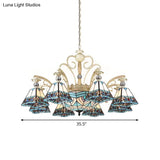 Baroque Stained Glass Pyramid Chandelier with 11 Blue Lights Elegant Ceiling Suspension Lamp Blue
