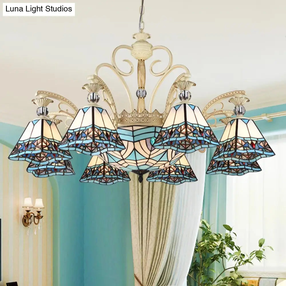 Baroque Stained Glass Pyramid Chandelier with 11 Blue Lights Elegant Ceiling Suspension Lamp Blue