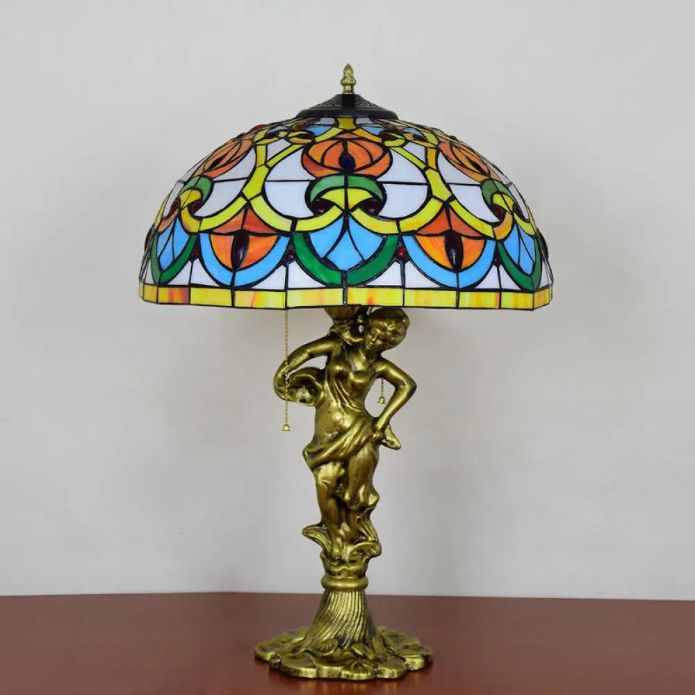 Baroque Stained Glass Table Lamp With Fisher Girl Statue - 3-Bulb Night Stand Light Geometric