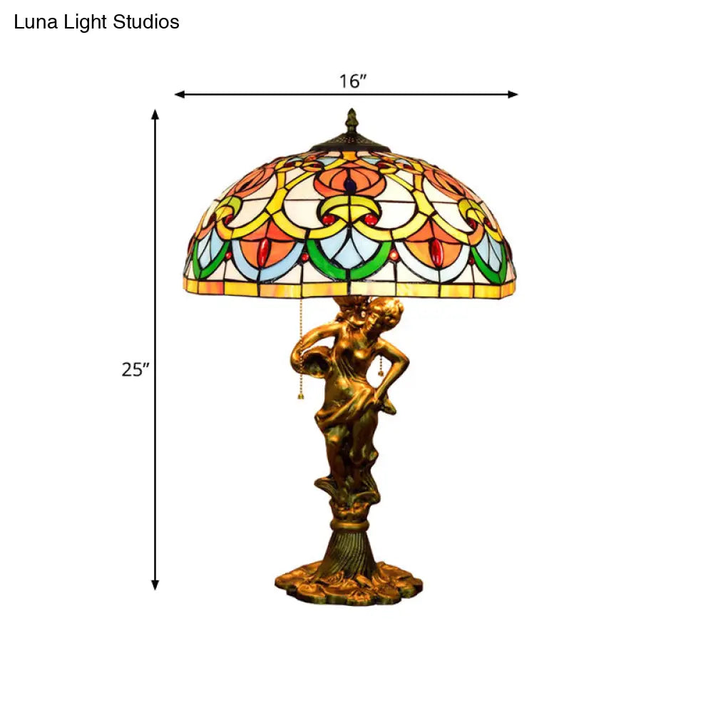 Baroque Stained Glass Table Lamp With Fisher Girl Statue - 3-Bulb Night Stand Light Geometric
