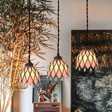 Baroque Style Pink Stained Glass Pendant Light Kit For Dining Room With 3 Bulbs / Bowl