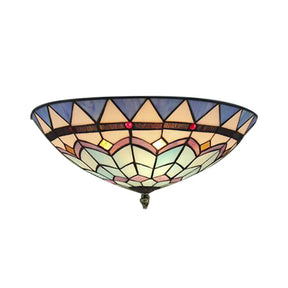 Baroque Style Stained Glass Ceiling Light - Bedroom Flush Mount With Jewel Decor & Bowl Shade Blue