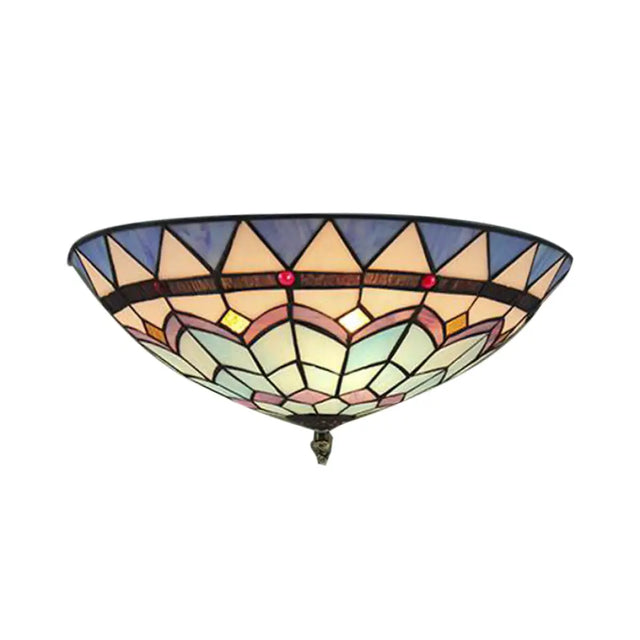 Baroque Style Stained Glass Ceiling Light - Bedroom Flush Mount With Jewel Decor & Bowl Shade Blue