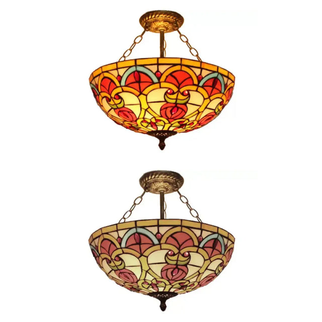Baroque Style Stained Glass Ceiling Light Semi Flush Mount Fixture For Bedroom