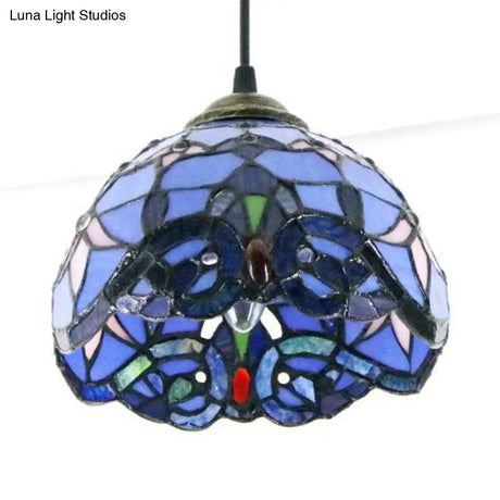 Baroque Style Stained Glass Dome Pendant Light With Hanging Cord