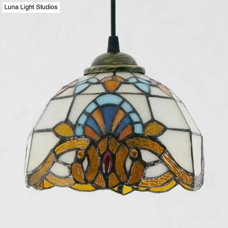 Baroque Style Stained Glass Dome Pendant Light With Hanging Cord