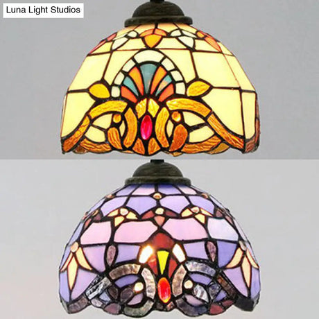 Baroque Style Stained Glass Dome Pendant Light With Hanging Cord