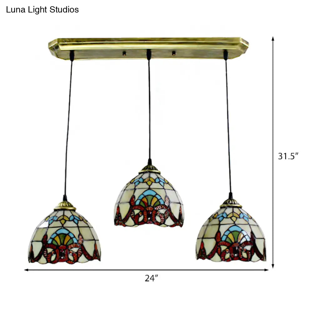 Baroque Style Stained Glass Pendant With 3 Lights - Brown/Black Linear Ceiling Fixture For Dining