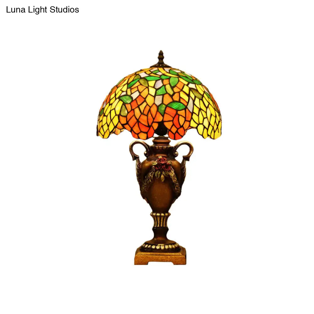 Baroque Wisteria Stained Glass Night Table Lamp With Bronze Trophy Base