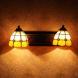 Baroque Yellow And White Glass Sconce Light With Grid Pattern - 2 Head Bronze Wall Mounted