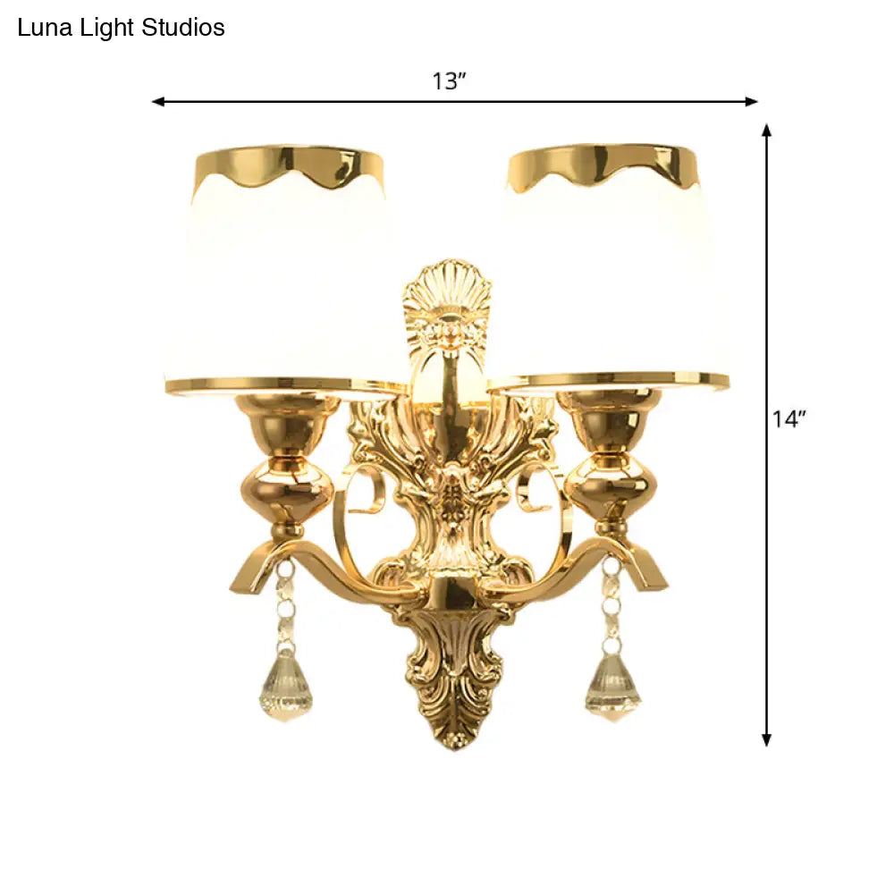 Barrel Shade Opal Glass Wall Lamp - Modern 2-Light Fixture For Bedroom In Gold