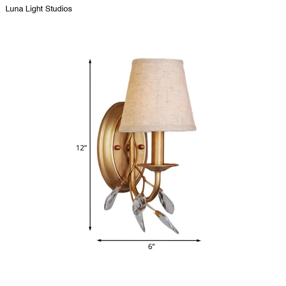 Barrel Wall Mount Lamp - 1-Light Country Style Gold Finish With Crystal Branch Decor