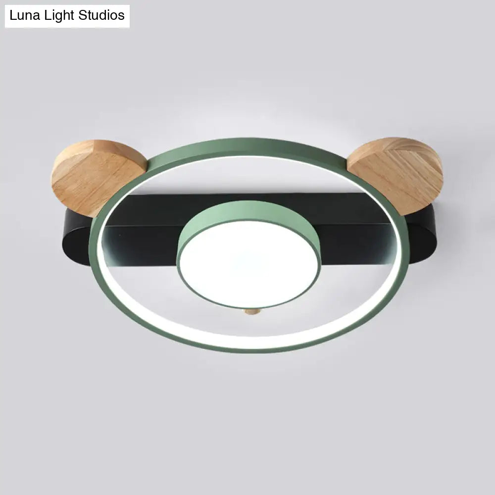 Bear Design Acrylic Led Ceiling Flush Light - Cartoon White/Green Wood Finish
