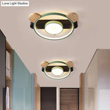 Bear Design Acrylic Led Ceiling Flush Light - Cartoon White/Green Wood Finish