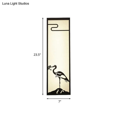 Bedroom Crane Wall Mounted Lamp - Oriental Style Black With Cuboid Fabric Shade 3-Light