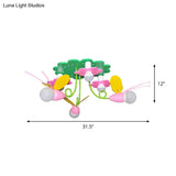 Bee-Inspired Wood Semi Flush Ceiling Lamp With 6 Green And Pink Cartoon-Style Heads