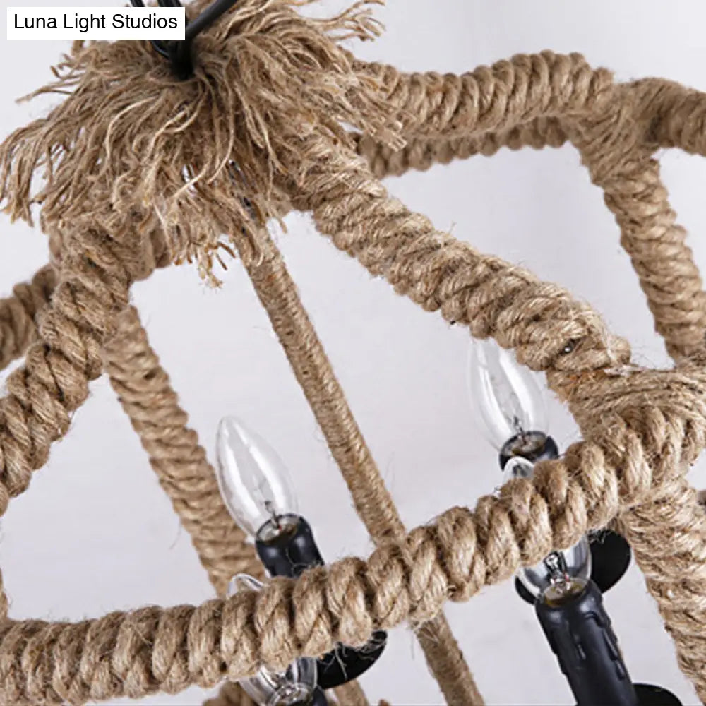 Beige 4-Light Chandelier: Traditional Rope Cylinder Pendant Lamp For Dining Room