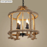 Beige 4-Light Chandelier: Traditional Rope Cylinder Pendant Lamp For Dining Room