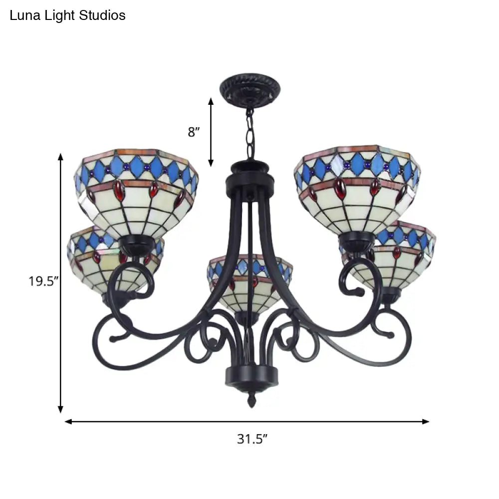 Beige Baroque Pendant Chandelier - Colorful Glass Bowl With Hanging Chain 5 Lights