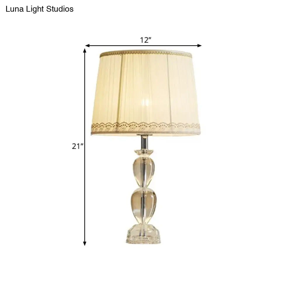 Beige Barrel Table Light: Traditional Pleated Fabric Lamp With Crystal And 1-Bulb For Drawing Room