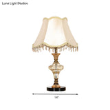 Beige Crystal-Drapped Bell Nightstand Lamp | Lodge Bedroom Light