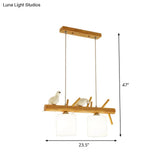 Beige Drum Island Lighting: Simple 2/3 Heads Pendant Lamp With Opaque Glass And Bird On Wood Branch